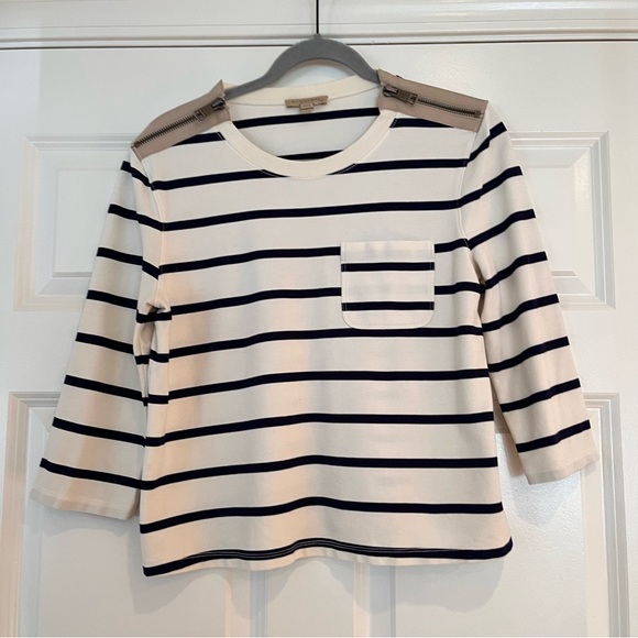 Burberry Brit Nautical Striped Zipper Tee T-Shirt Size Large White & Navy Blue - Picture 1 of 10